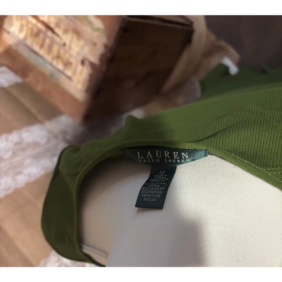 Ladies Medium Ralph Lauren olive green rib jersey dress button roll-tab sleeve - Picture 6 of 13
